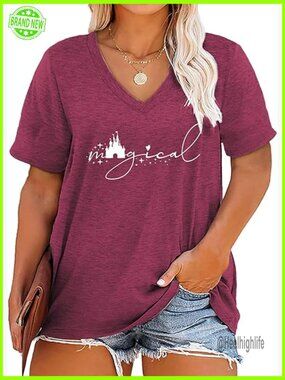 Plus Size V Neck T Shirt Magic Castle Short Sleeve Summer Top